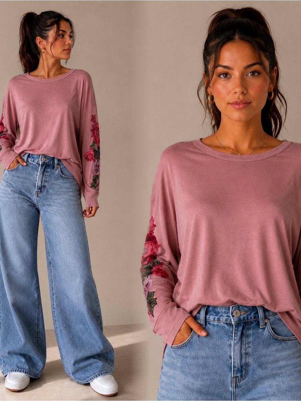 Sweet Claire Dusty Rose Long Sleeve Top with Floral Sleeve Embroidery